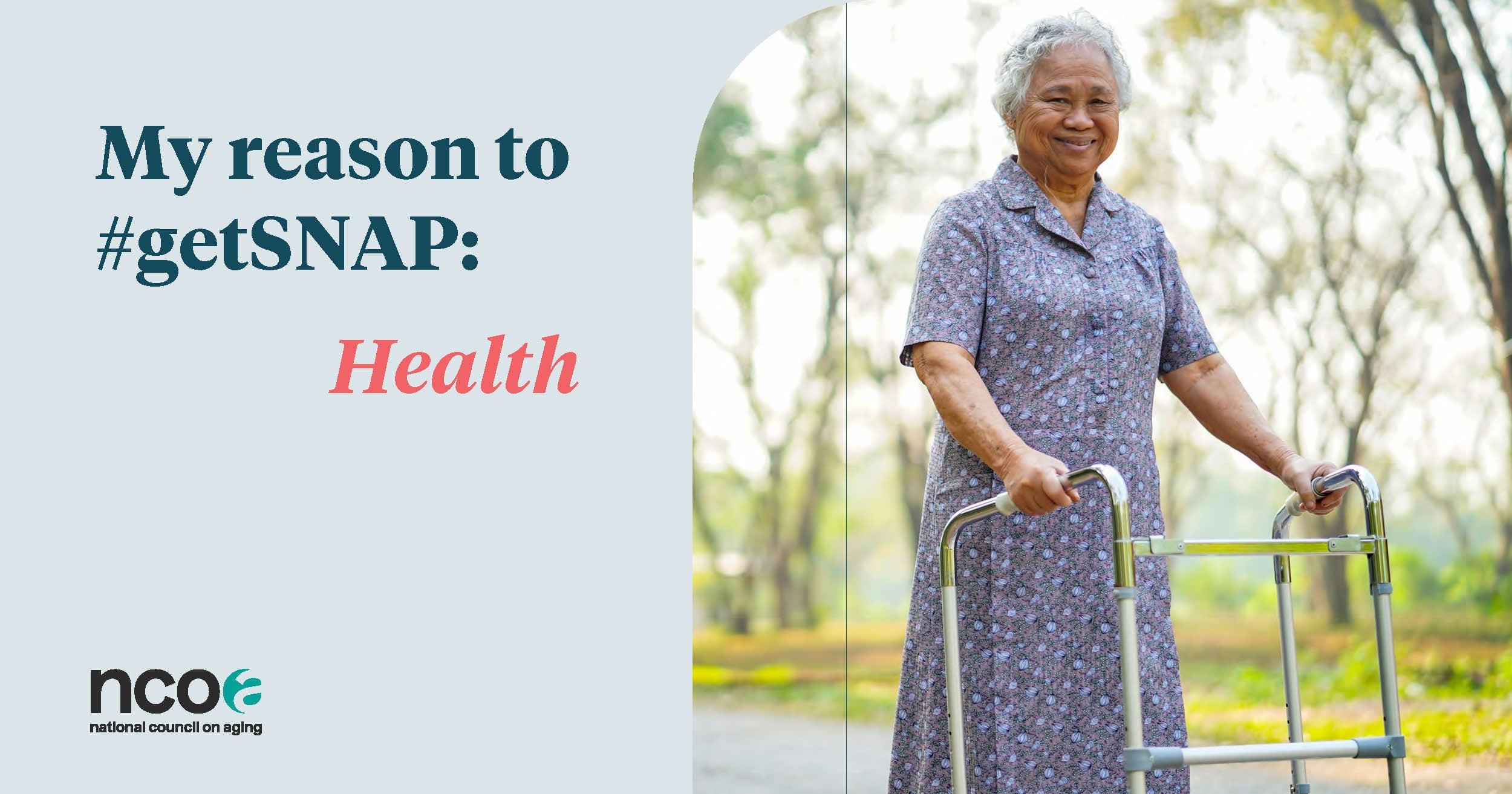 Older woman saying reason to get SNAP is improved health