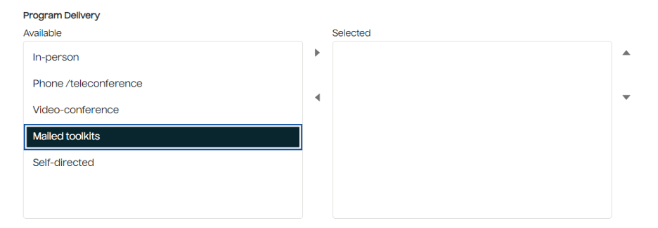 Screenshot of Program Delivery dropdown menu choices with Mailed toolkits selected