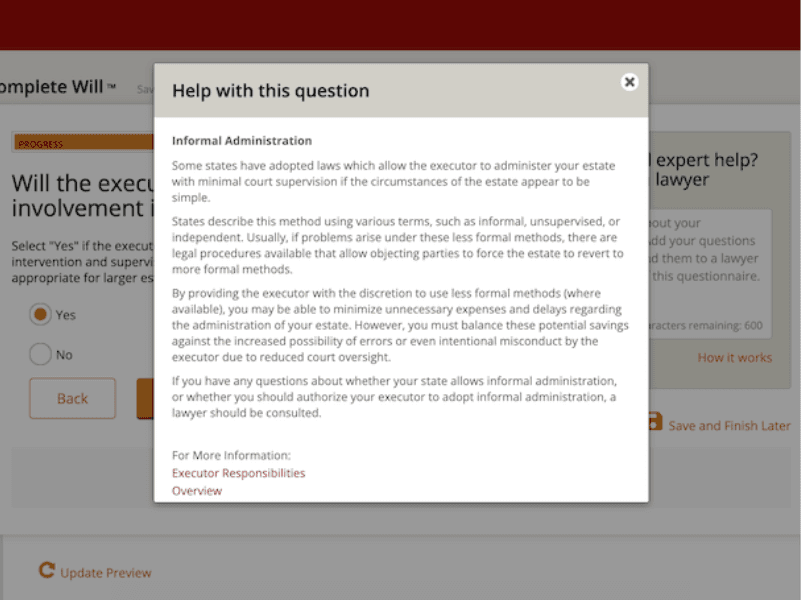 A screen capture from Rocket Lawyer explains the responsibilities of an executor in will making