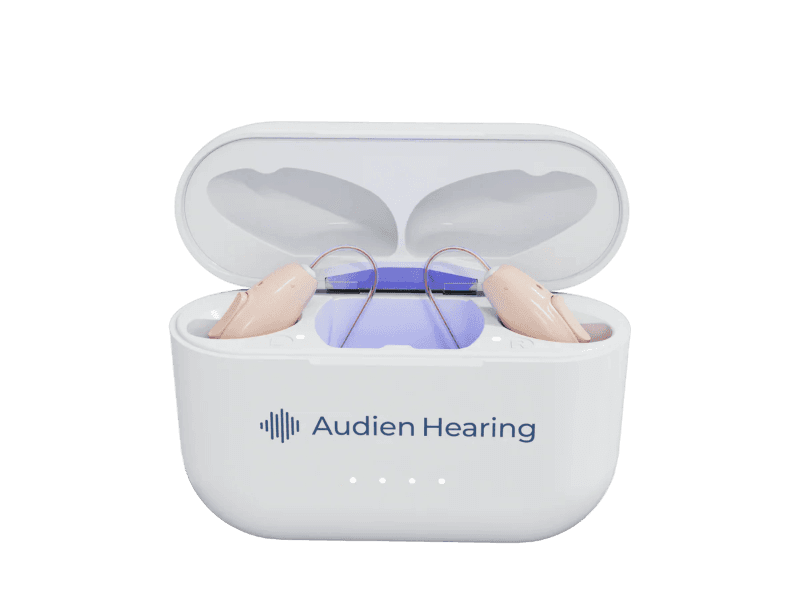 The Audien Ion Pro 2 hearing aids in their case