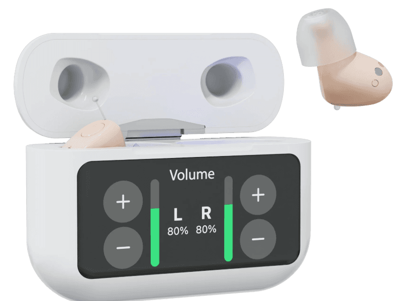 The Audien Atom X hearing aids and case