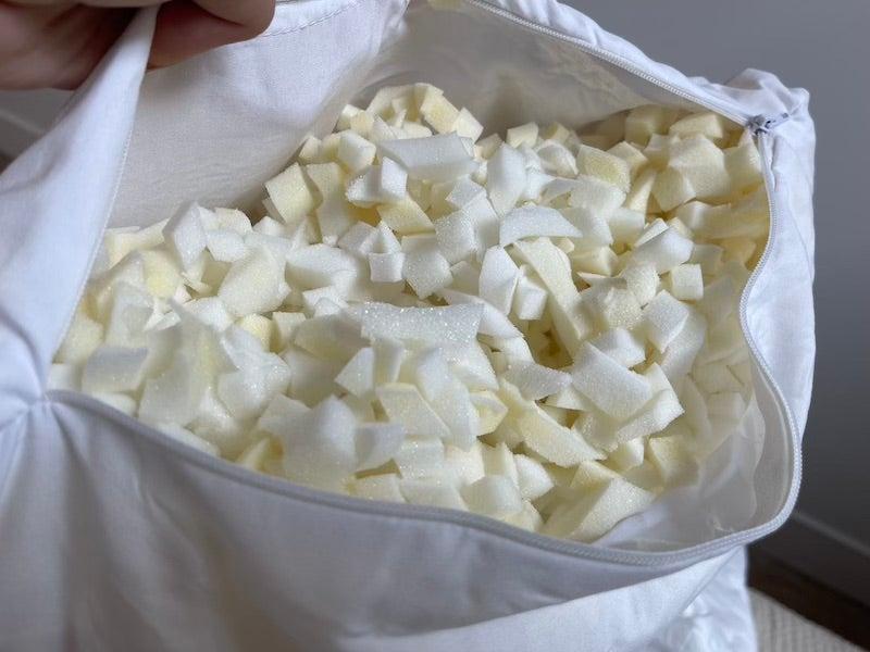 A tester displayed the shredded interior of a Silk & Snow pillow.