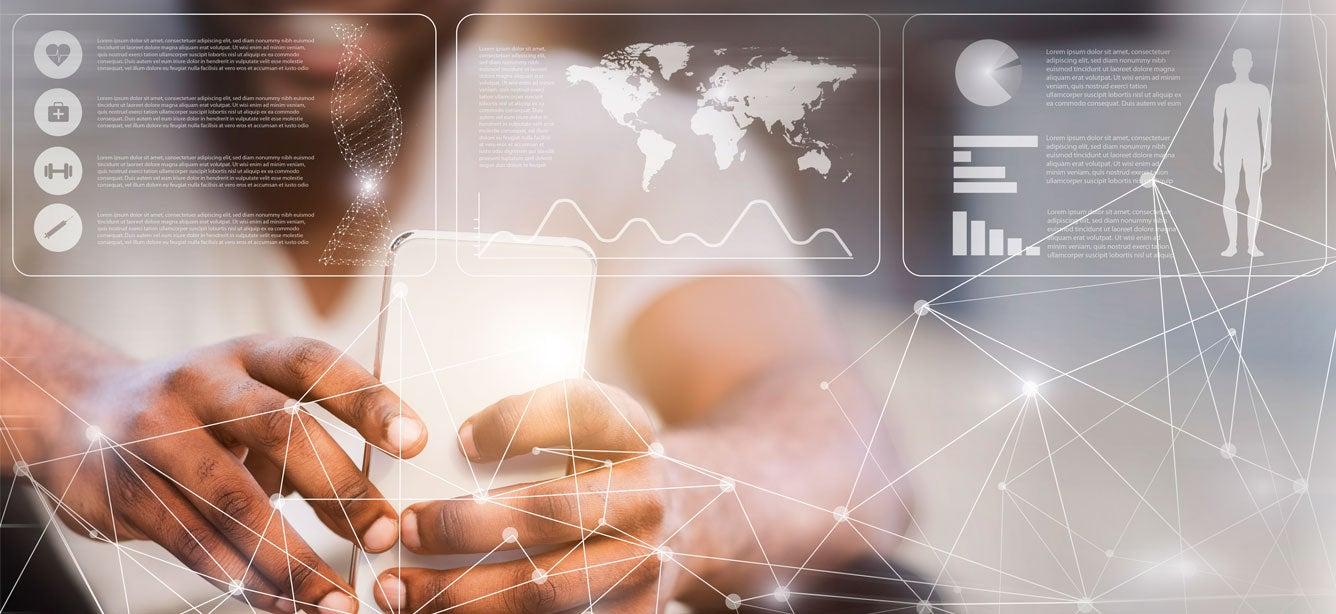 A Black man is holding his phone, overlaid with a technology/networking concept.