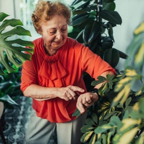 A woman surrounded by plants checks her smart watch medical alert system