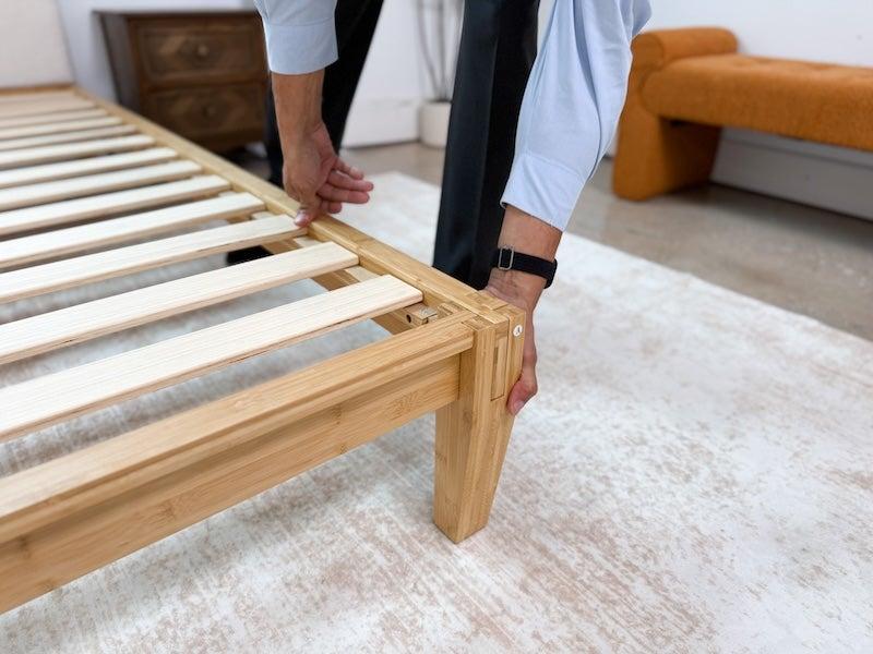 The corner of the Nectar Bamboo Core Platform Bed Frame