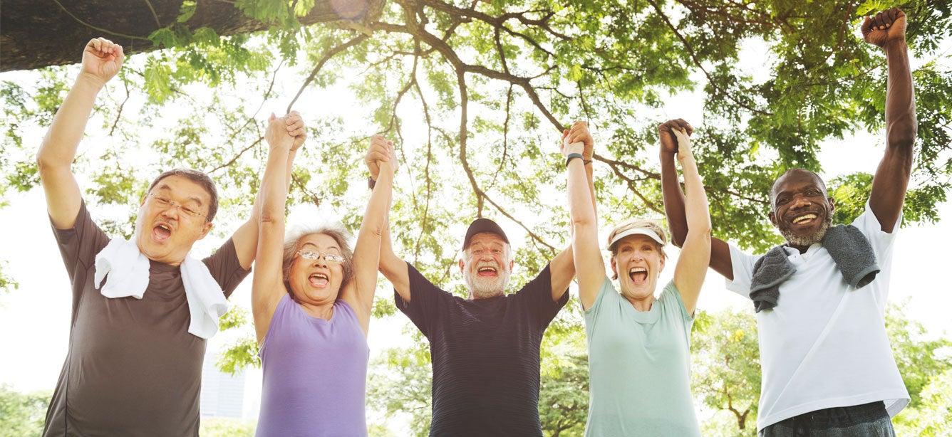 A multi-ethnic group of seniors raise their hands in achievement together while outside at a park.