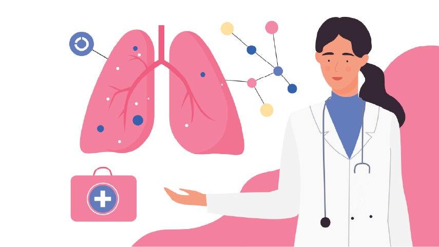 Infographic of a female-presenting doctor looking at the lungs of a patient, indicating that something might be wrong.