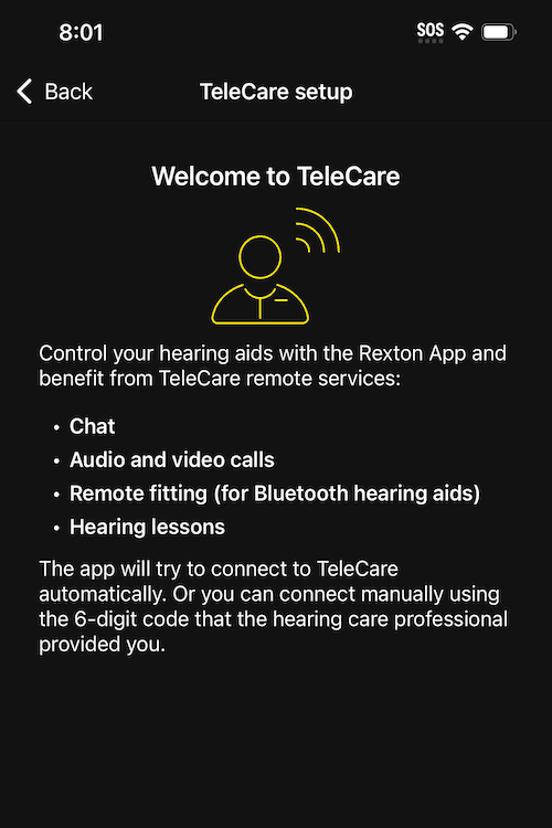 TeleCare screen of Rexton app showing how to contact remote assistance with hearing aid adjustments