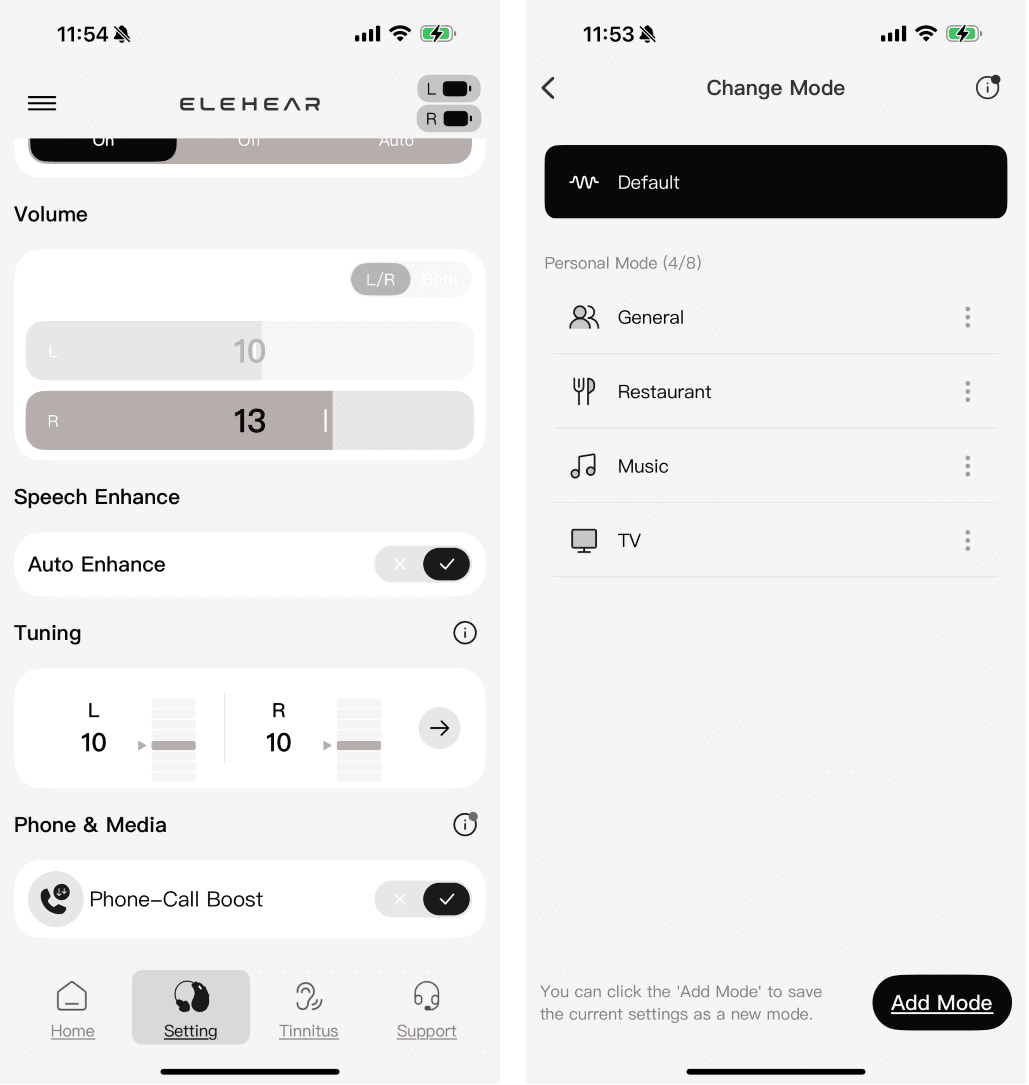 screenshot of the ELEHEAR app volume controls and tuning and screenshot of the ELEHEAR app preset options