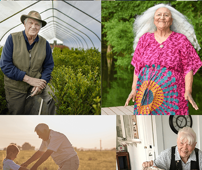 collage of photos of older adults including a smiling man in a greenhouse and smiling woman in colorful dress
