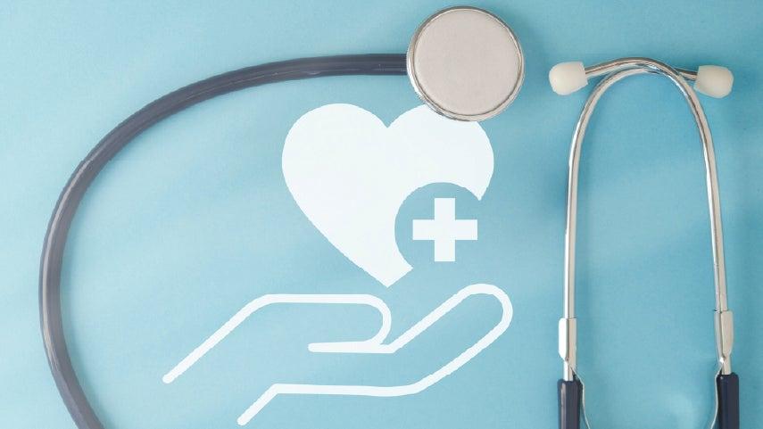 A stethescope is wrapped around a medical emoji (heart in a hand with a plus sign)