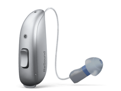 A silver ReSound Vivia hearing aid