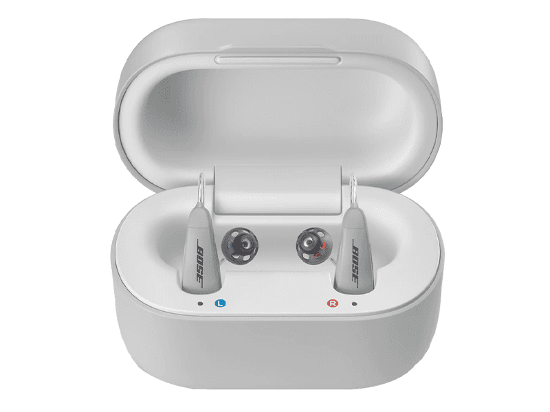 The Lexie B2 Plus hearing aids in their charging case