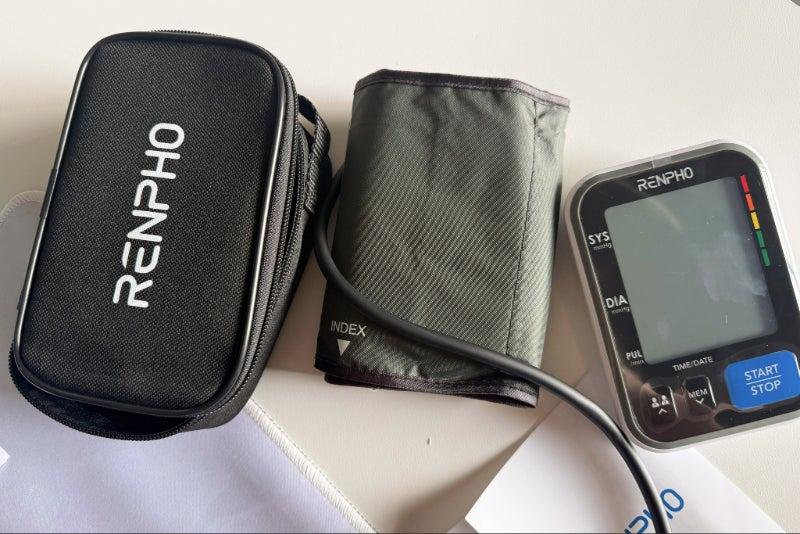 The Renpho Smart Blood Pressure Monitor+, its cuff, and carrying case