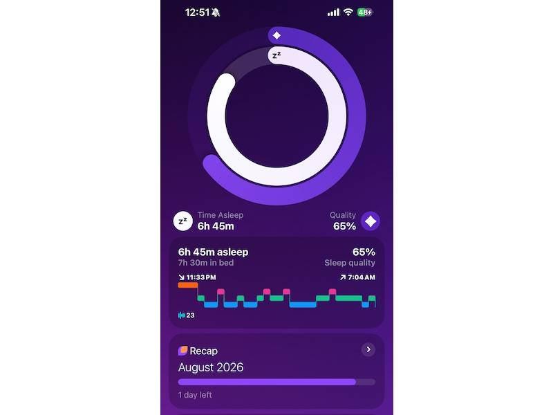The sleep summary screen of the Pillow sleep tracker