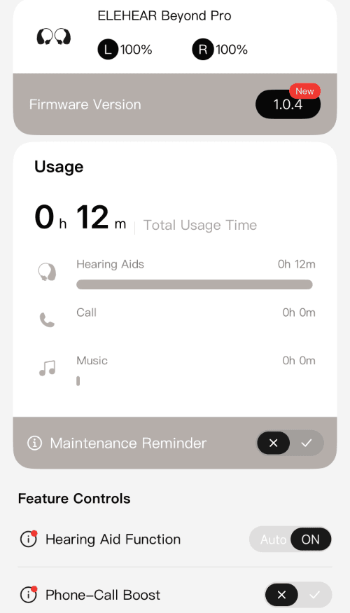 A screenshot of the Elehear app showing how long the hearing aids were used