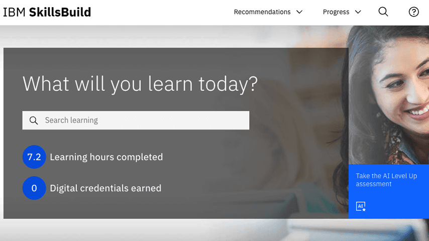 Screenshot of the IBM SkillsBuild homepage showing the heading "What will you learn today?" with featured learning topics and navigation options for exploring free online courses and learning pathways.