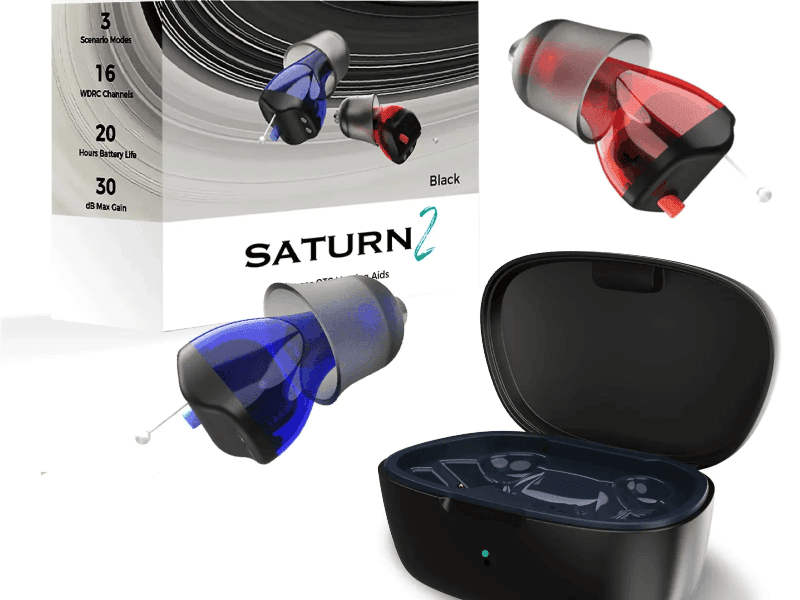The Linner Saturn 2 hearing aids, the portable charging case and the box they arrive in