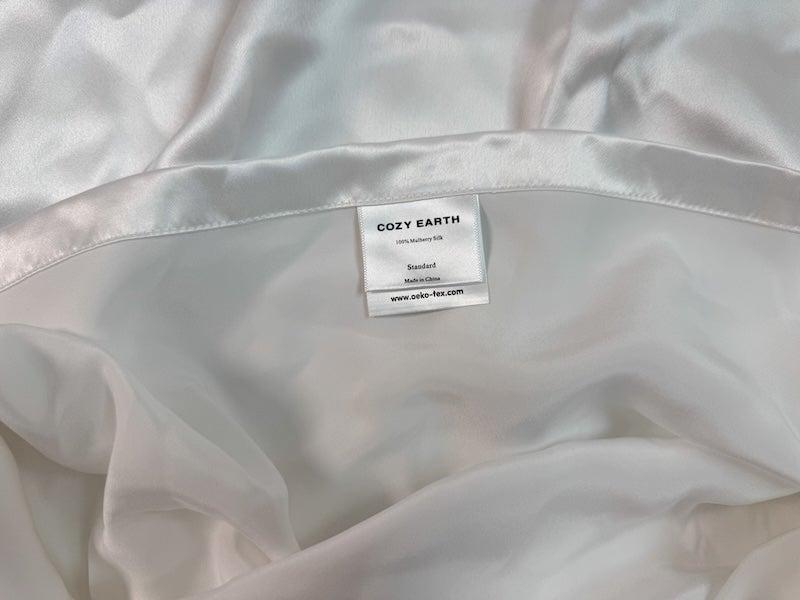 The inside of the Cozy Earth silk pillowcase with cleaning label