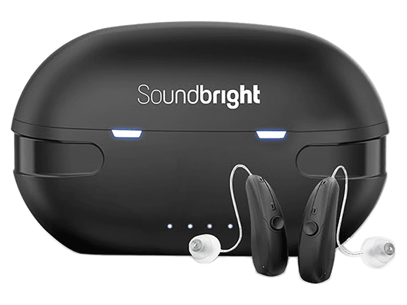 The Soundbright Discovery hearing aids in front of their charging case