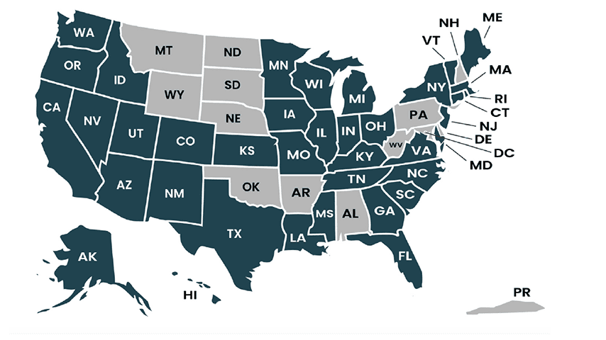 U.S. map showing states with Benefits Enrollment Centers