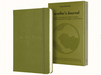 Moleskine brand Traveller’s Journal in light green, with a picture of the globe on the front.