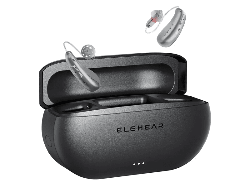 The Elehear Beyond Pro hearing aids and their portable charging case