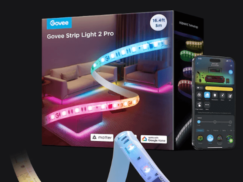 Black box with text “Govee Strip Light 2 Pro” and picture of multicolored strip lights