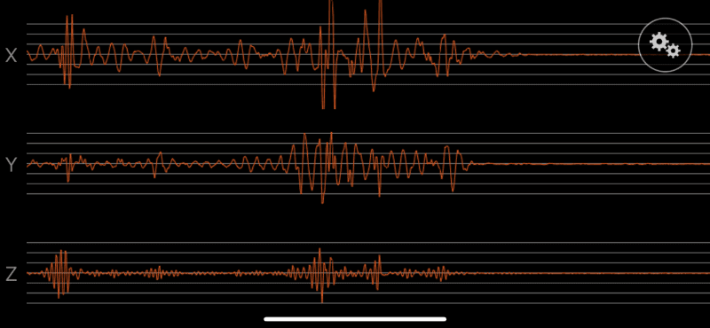 Seismograph reading of red on a black background showing the motion of somebody getting up from the Birch Natural
