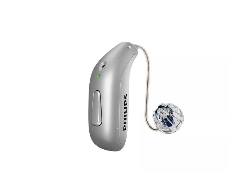 The Philips HearLink 9050 hearing aids in silver