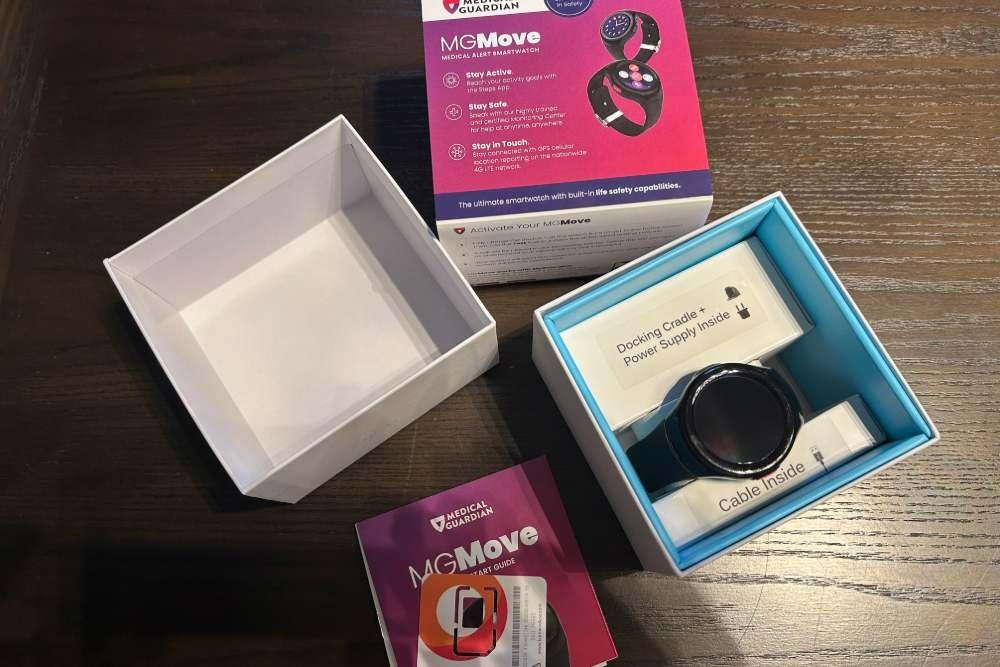 The Medical Guardian MGMove in its packaging on a table