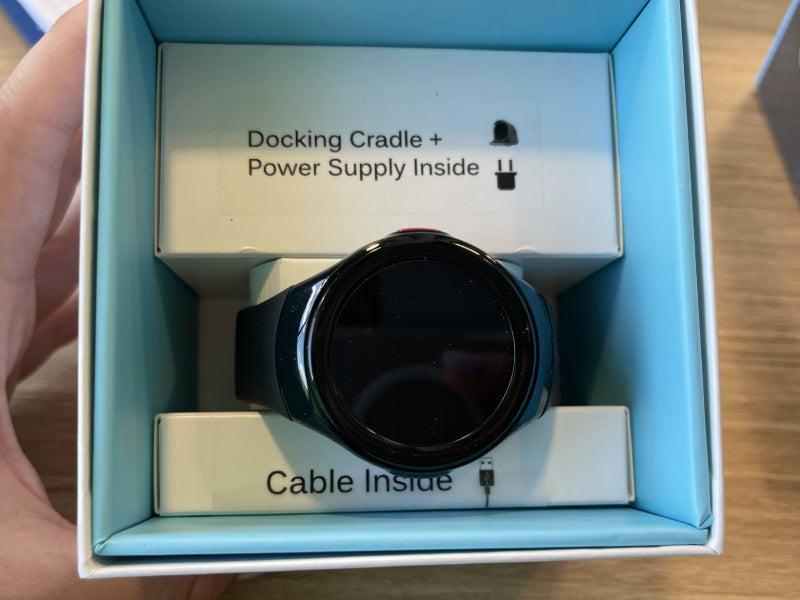 The Bay Alarm SOS smartwatch in its box
