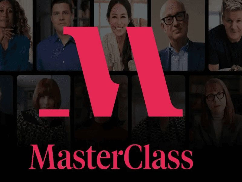 Collage of diverse instructors with red MasterClass logo in center. People are in various poses, suggesting expertise and engagement. Text reads "MasterClass"