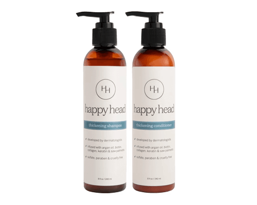 Bottles of Happy Head Thickening Shampoo and Conditioner
