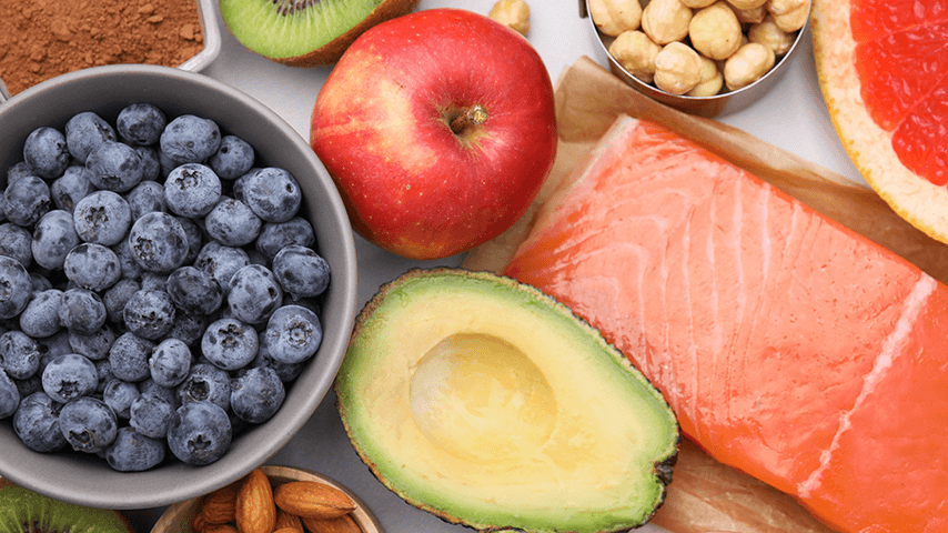 blueberries, salmon, avocado, apple, kiwi, grapefruit, cocoa powder, almonds
