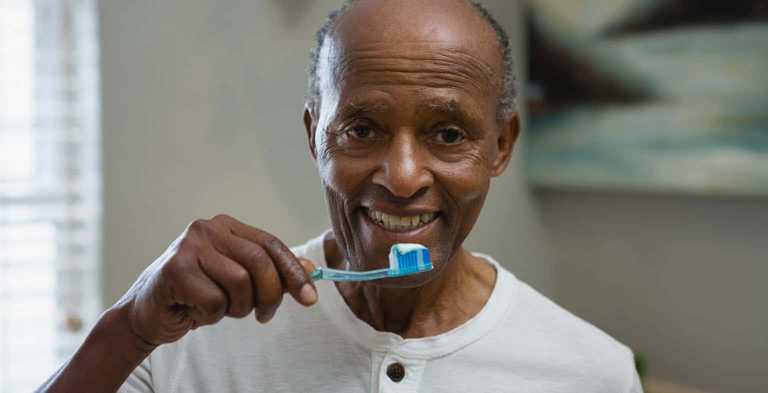 A senior Black man holds up a toothbrush as though he's ready to brush his teeth.
