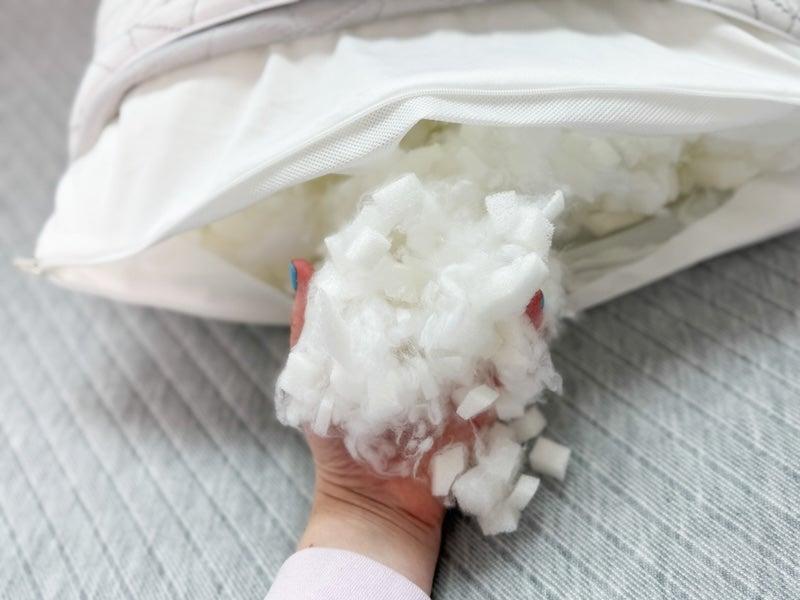 The inside materials of the Coop Sleep Goods pillow: microfiber fuzz and latex shreds