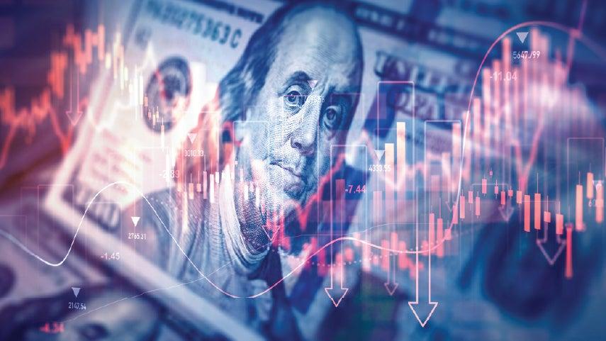 Digitized image of a dollar bill on charts and other graphical elements.