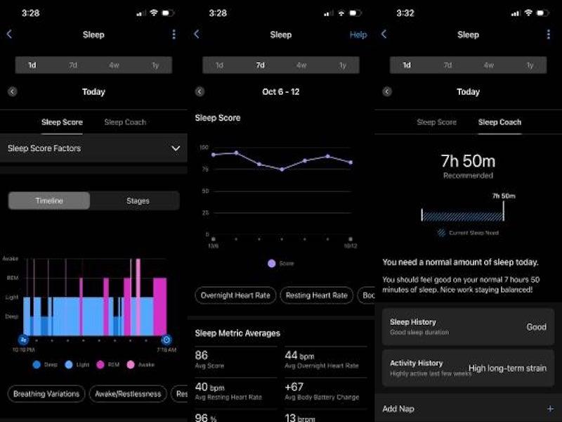 Three screens of the Garmin Connect app displaying sleep info