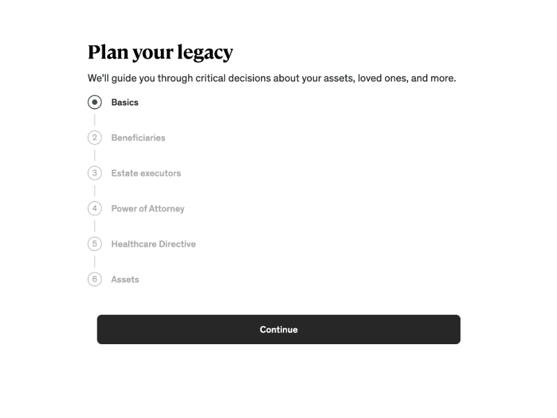 A screenshot from the Ethos estate planning process, showing upcoming steps