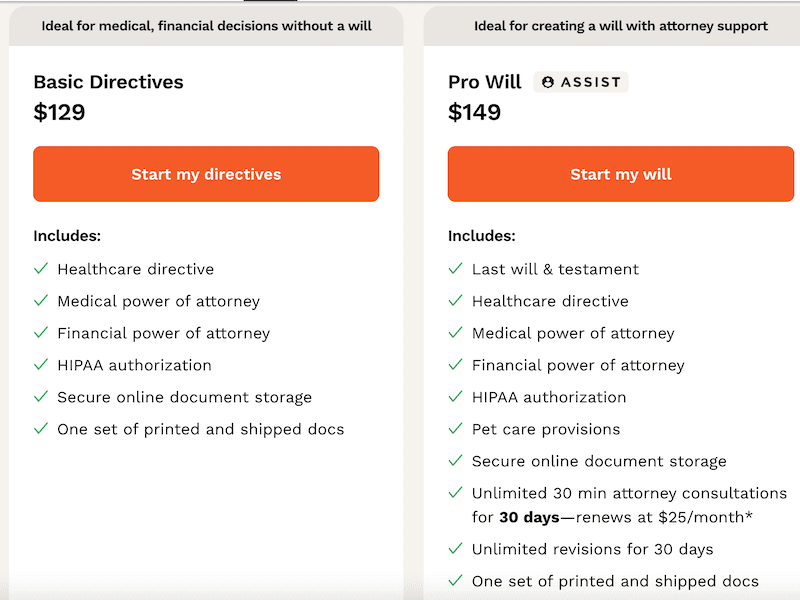 LegalZoom screenshot of pricing page