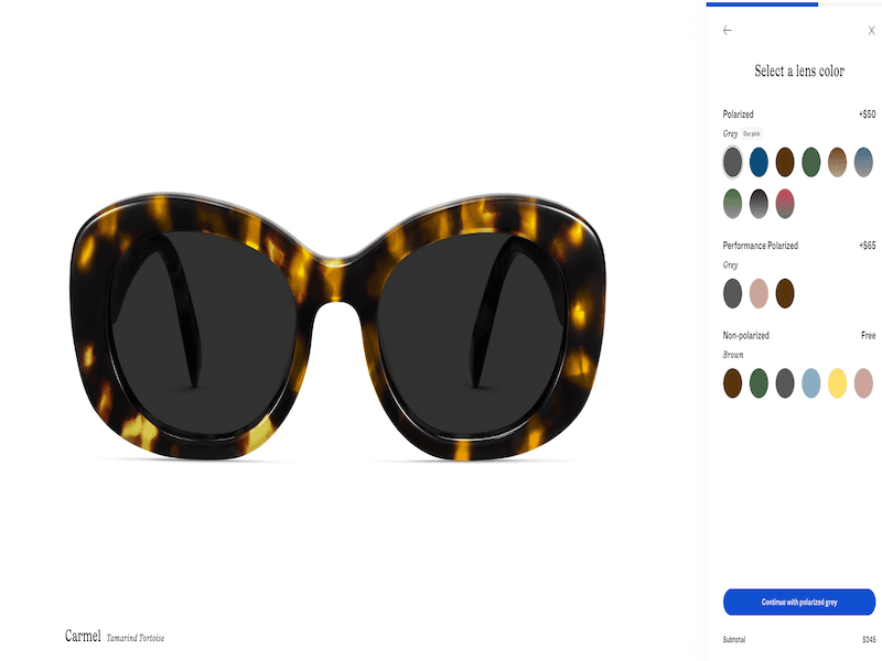 Tortoiseshell Warby Parker frames shown in checkout, where polarization options pop up in a menu on the right-hand side of the screen