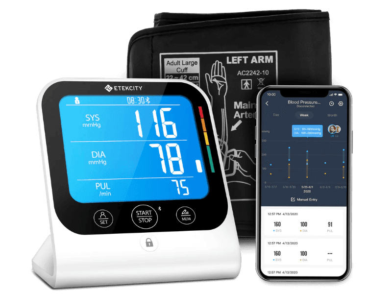 The Etekcity TMB-1583-BS Smart Blood Pressure Monitor, upper arm cuff, and the app displayed on a smartphone screen
