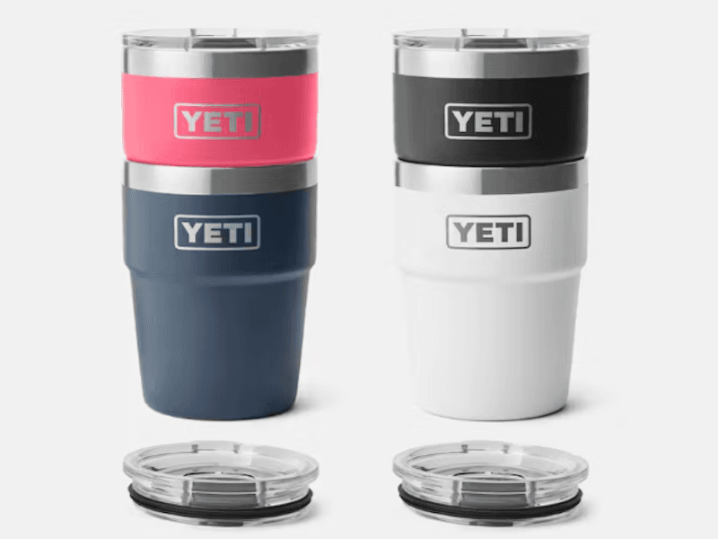 Multicolor stainless steel YETI cups stacked on top of each other in sets of two