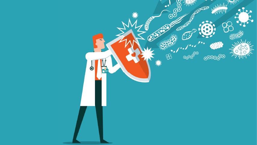 Illustration of a doctor holding a shield, signifying that the shield is a vaccine blocker for illnesses like the flu, covid, among others.