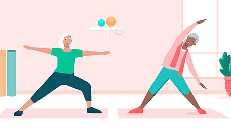 cartoon of two women doing yoga