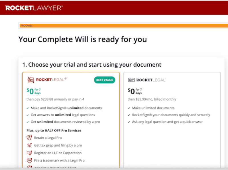 A screen capture from Rocket Lawyer explains what you can get with the free plan and the upgraded plan