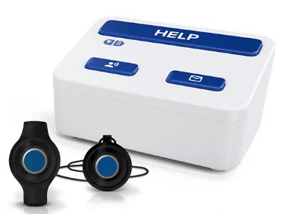 The Medical Alert Home Cellular System base and two wearable buttons