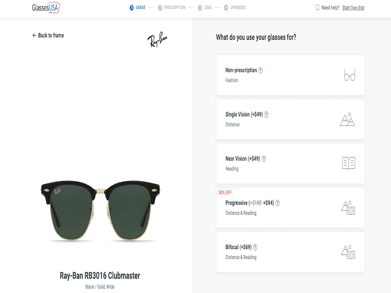 The lens options you can build into GlassesUSA include bifocals, readers, and progressives