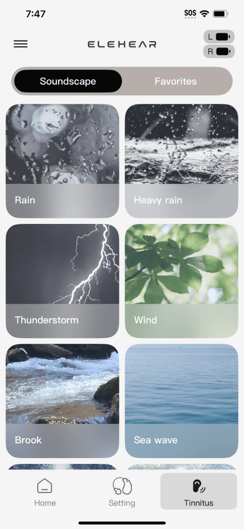 Screenshot of the ELEHEAR app’s tinnitus settings, with options like “wind” and “rain”